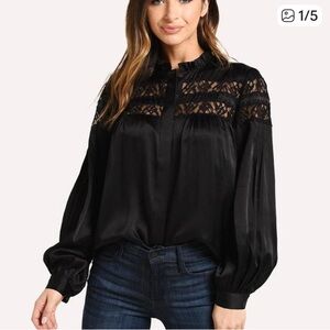 Frame Denim With Mandarin Collar Black Lace Detail Blouse M EUC MSRP $350